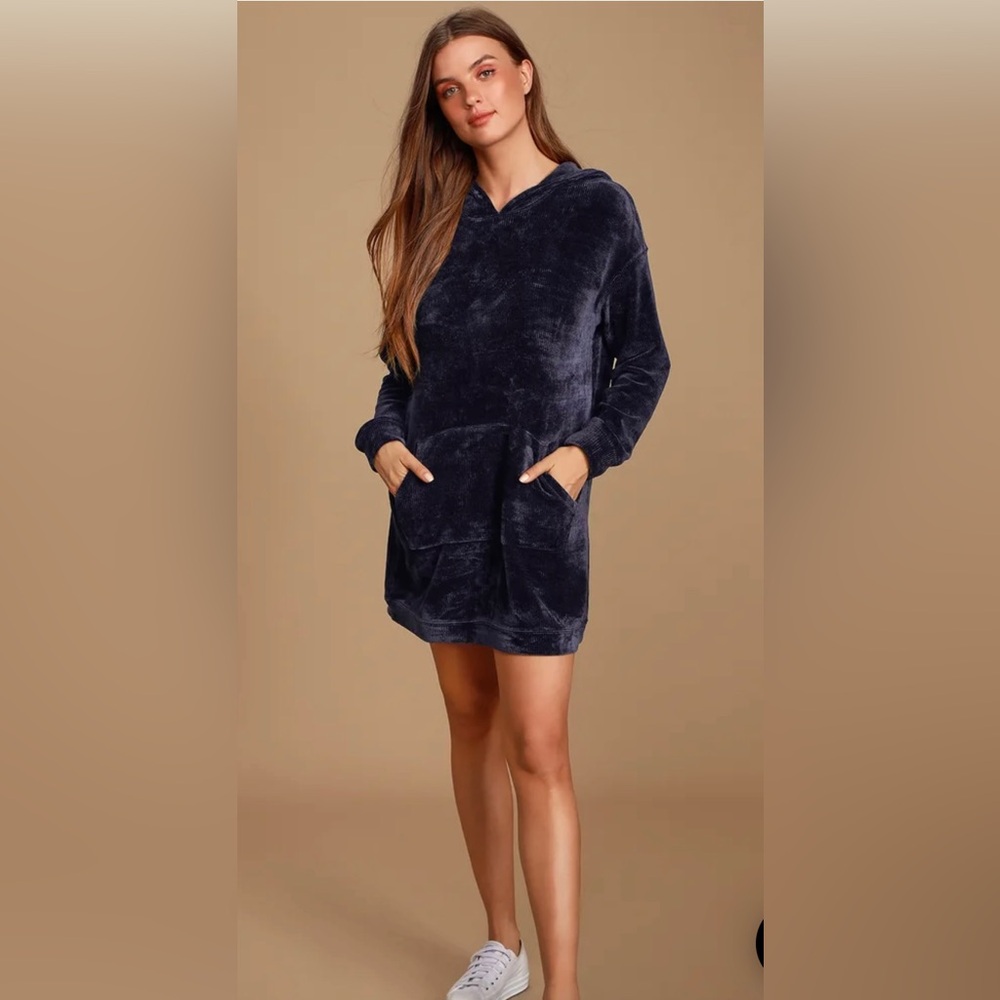 Lulus Micha Navy Blue Chenille Knit Hooded Sweater Dress size s